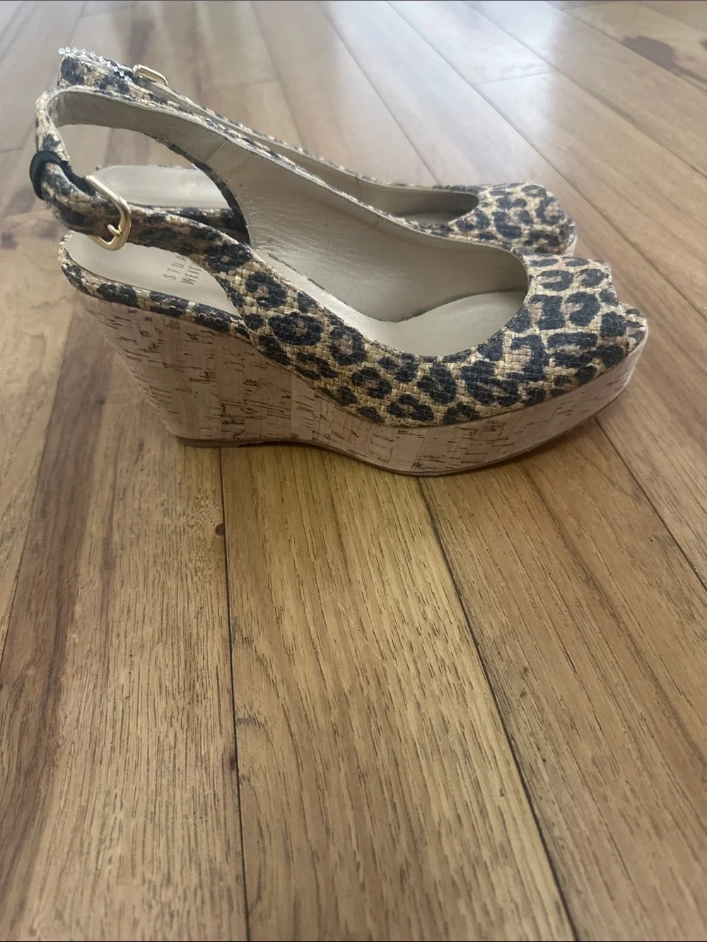 Stuart Weitzman Leopard print Slingback Wedges in Brown and Black cork sandals